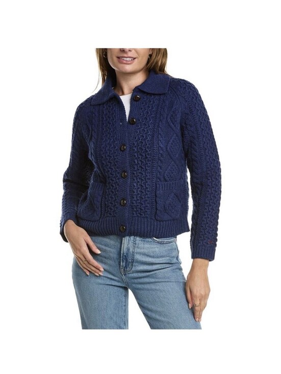 Frances Valentine Sweaters - Frances Valentine Wool Fisherman Aran Cable Knit Cardigan Sweater in Navy